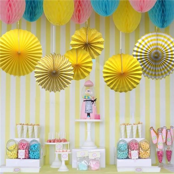 Party Hanging Paper Fans Set, Yellow Round Pattern Paper Garlands Decoration - Picture 5 of 6